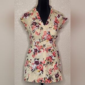 Womens Floral Botton Up Shirt V-Neck Collared Stitched Elastic Waist Band